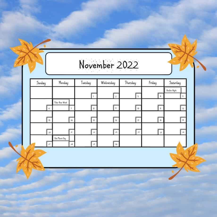 November Special Days Free Calendar Petal Resources